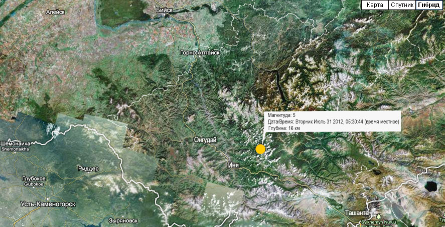 Карта землетрясения в Республике Алтай